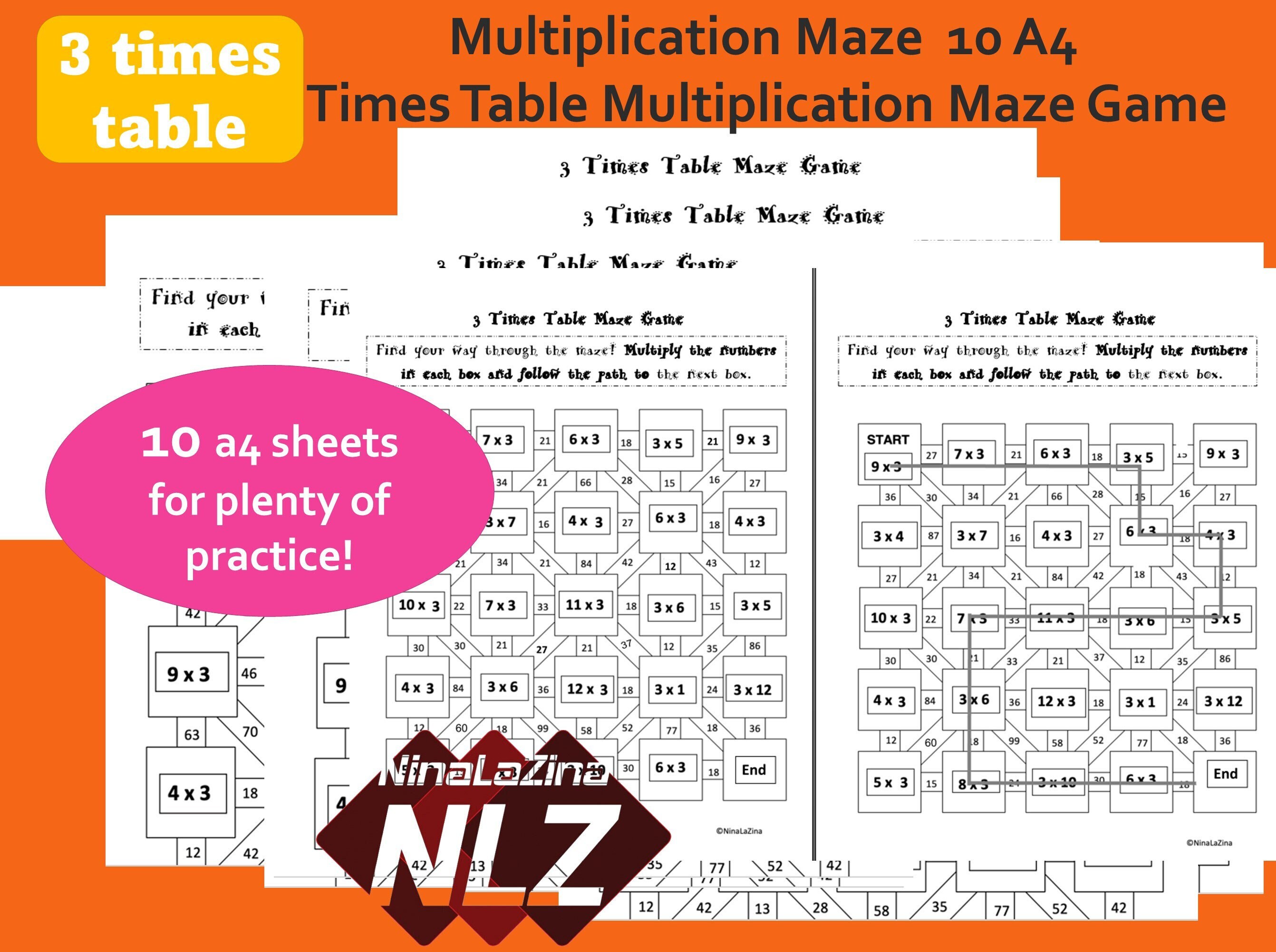 Multiplication Maze For Kids 3 Times Tables Fun Maths Etsy