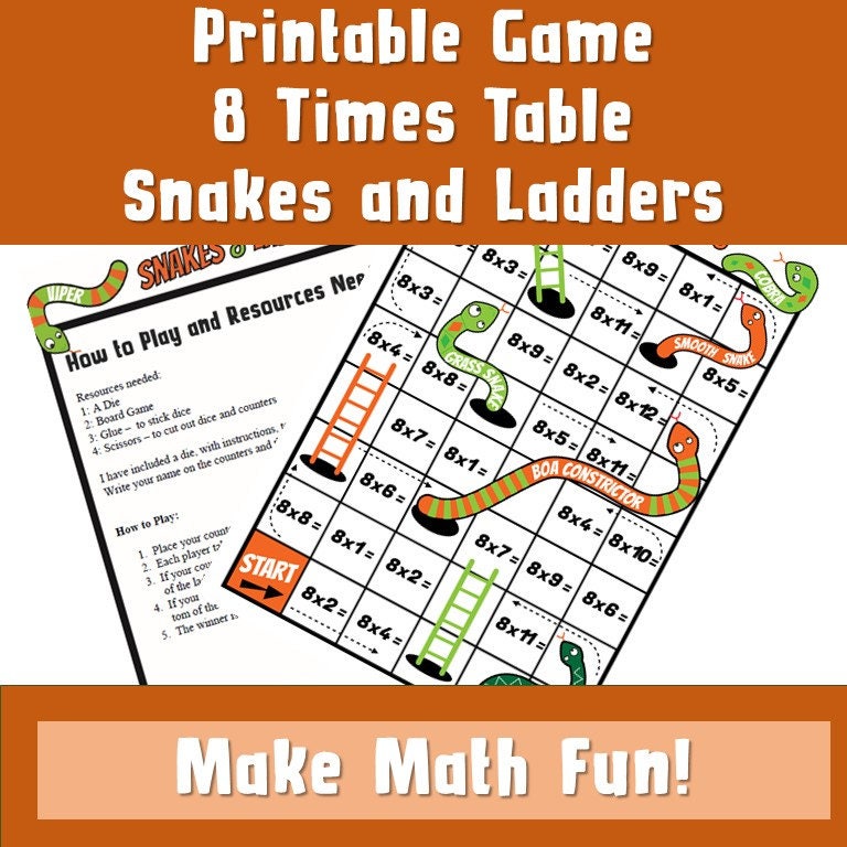 multiplication tables games printable pdf 8 games snakes and etsy australia