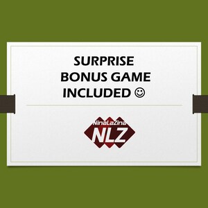 May include: A white rectangular graphic on a green background with the text "SURPRISE BONUS GAME INCLUDED" and a smiling face emoji. Below the text is a logo with the text "NinaLazina" and "NLZ" in a red and white design.