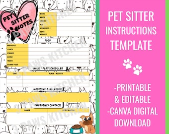 Pet Sitter Instructions Template- Printable & Editable- Pet Care Sheet for Dog/cat Sitters- Canva Digital Download