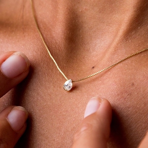 Gold Pear Diamond Necklace, Bezel Set Pendant, 0.3ct Teardrop, Dainty Floating Diamond, Wedding Gift