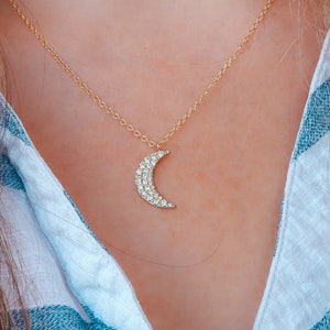 Gold Diamond Crescent Moon Necklace, Half Moon Pendant, Luna Necklace, Natural Diamond, Celestial Jewelry, Gift for Her