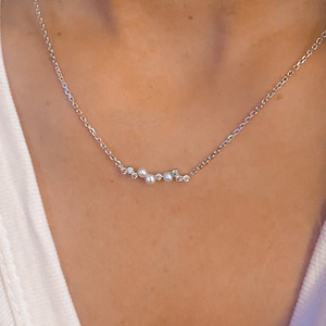 Dainty Pearl Necklace: 14k White Gold Diamond Cluster Bridal Jewelry