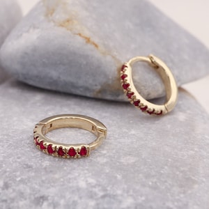 Ruby Hoop Earrings - Gold Huggie Hoop Earrings with Real Rubies