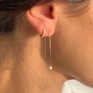 Dangling Pearl Earrings - Minimalist Pearl Threader Earrings in 14k Gold | Drop Pearl Earrings - Hanging Pearls