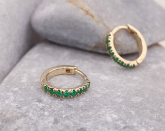 Dainty Emerald Hoop Earrings: Solid Gold Huggies
