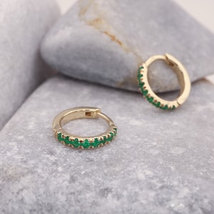 Dainty Emerald Hoop Earrings - Natural Emerald Earrings | Solid Gold Emerald Huggies
