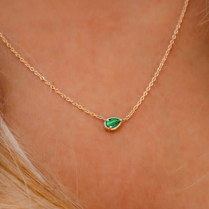 Natural Emerald Necklace | Emerald Bezel Necklace - May Birthstone Necklace | Pear Shape Emerald