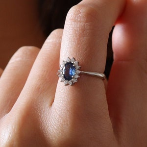 Blue Oval Sapphire Princess Diana Ring in Halo with Diamonds - White Gold Anniversary Band - Kate Middleton Ring