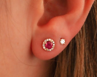 Dainty Ruby Earrings Studs | Halo Ruby Studs - Ruby Diamond Earrings