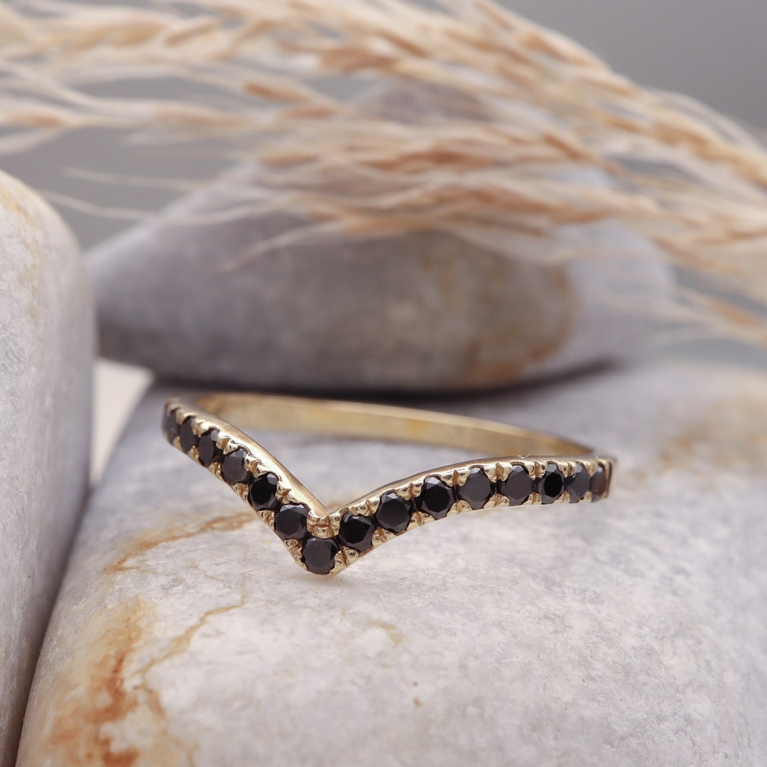 14k Gold Black Diamond Eternity Ring: Chevron V Stacking Band Wedding ...