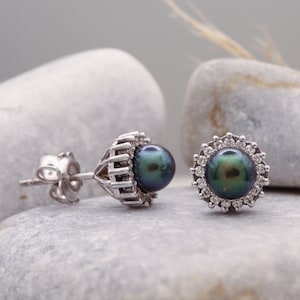 Tahitian Black Pearl Halo Stud Earrings in White Gold - Statement Earrings