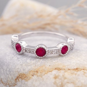 Antique Ruby Ring | White Gold Ruby and Diamonds in Bezel Ring - Victorian Ring for Women