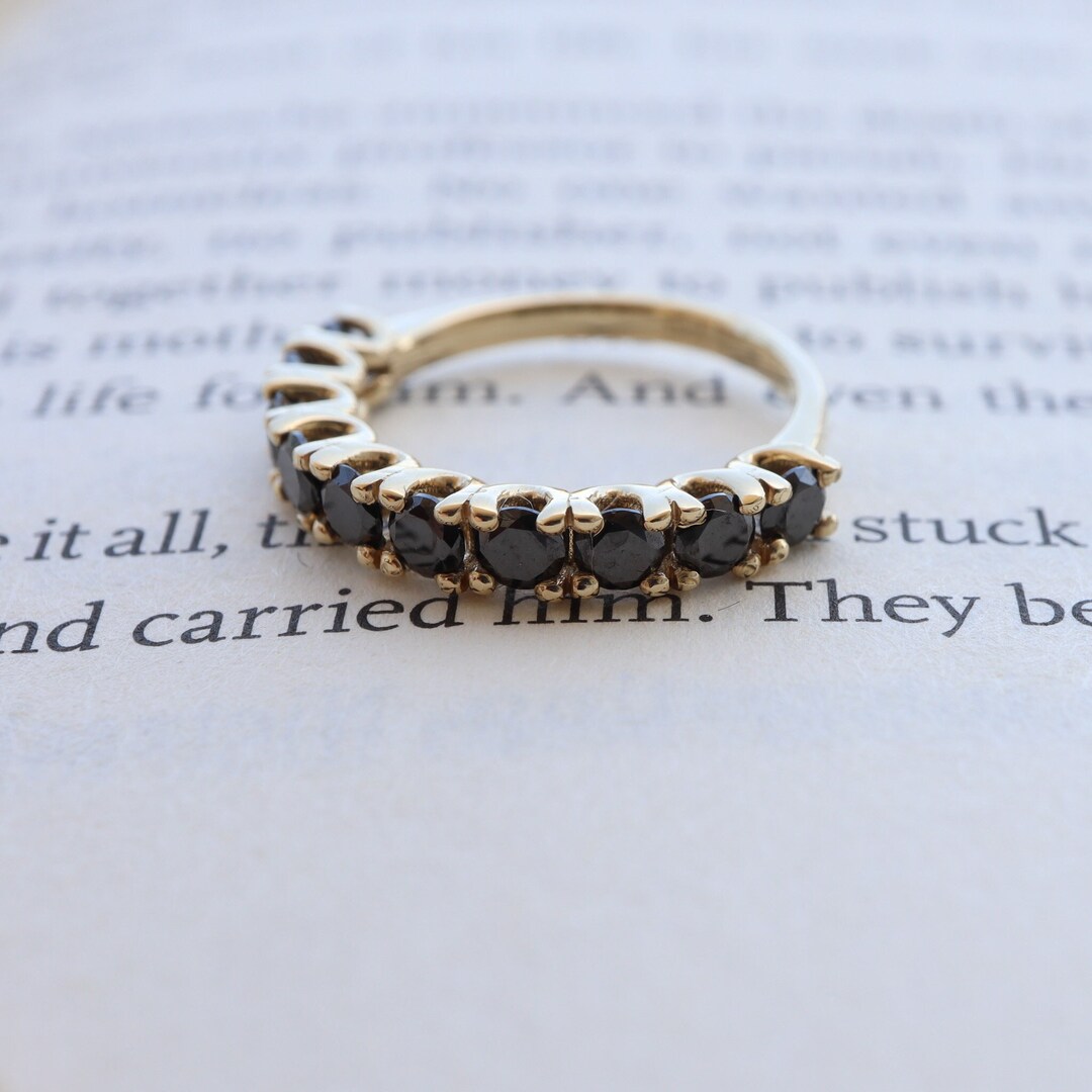 Black Diamond Wedding Band: 14k Yellow Gold Half Eternity Stacking Ring ...
