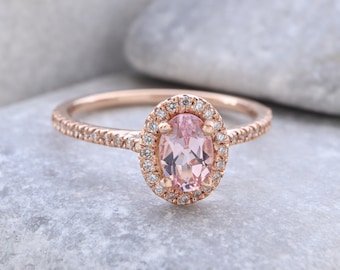 Oval Morganite Diamond Halo Engagement Ring: 14k Rose Gold