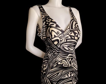 Vintage 80s/90s Badeanzug – Tribal Tapa Print – Schwarz & Creme – Retro Beachwear L