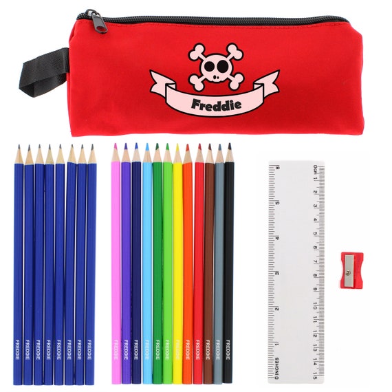 Perred Skull Personalised Pencil Case With Pencils and Coloured Pencils,  Back to School, Kids Pencils, Colouring Pencils, Engraved Pencils 