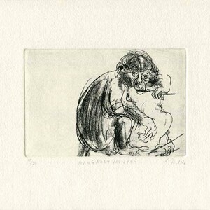 May include: A black and white line drawing of a monkey sitting with its head down, looking at something in its hand. The drawing is titled "Nagasen Monkey" and signed "L. Zukalle".