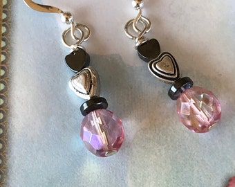 Pink Crystal Dangle Earrings: Sterling Silver Heart Accents
