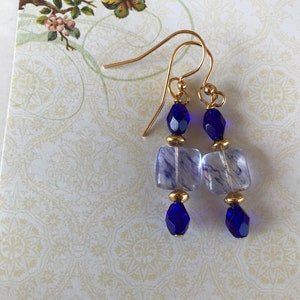 Blue earrings, Dangle earrings, blue dangle earrings, Blue quartz earrings, blue and gold earrings,  beaded earrings