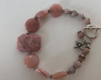 Pink Rhodonite Bracelet: Sterling Silver, Pink Opal Beads, 7 Inch