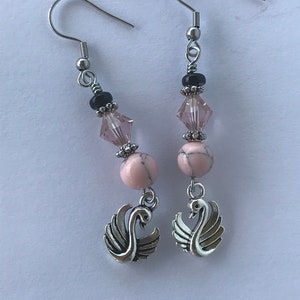 Swan earrings, swan dangle earrings, pink earrings, pink and black earrings, pink crystal earrings, pretty in pink earrings, bird earrings