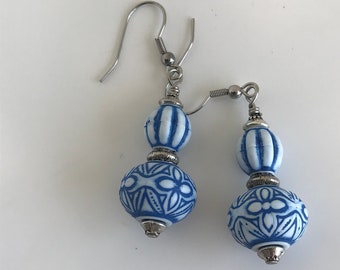 Blue and white earrings, blue dangle earrings, lightweight earrings, lucite earrings, summer earrings, spring earrings, denim blue earrings