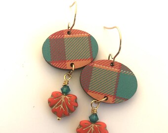 Plaid Leaf Dangle Earrings: Teal Swarovski Crystals, Fall Colors