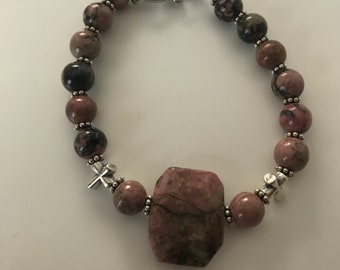 Rhodonite Bracelet: Sterling Silver Crosses, Pink Gemstone Beaded Bracelet