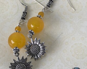 Sterling silver sunflower earrings, sunflower earrings, yellow earrings, yellow chalcedony earrings, floral earrings, gemstone earrings,