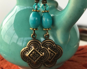 Rustic teal earrings, turquoise color earrings, bronze turquoise earrings, earrings for women, ladies' earrings, birthday gift, gift for her