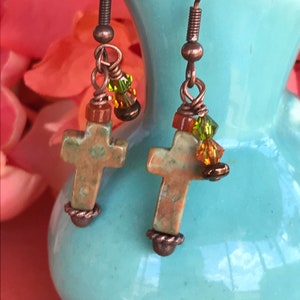 Cross earrings, dangle earrings, cross dangle earrings, rustic dangle earrings, gemstone dangle earrings, Christian earrings