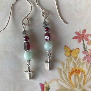 Cross earrings,dangle earrings, dangle Cross earrings, gemstone dangle earrings, silver cross earrings, Christian earrings,  garnet earrings