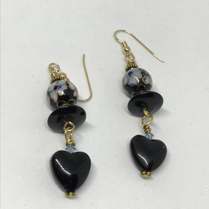 Black earrings, black cloisonne earrings, heart earrings, sophisticated earrings, long dangle earrings, black and blue earrings, gift