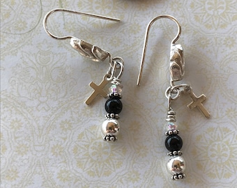 Sterling Silver Cross Dangle Earrings: Black Onyx Christian Jewelry