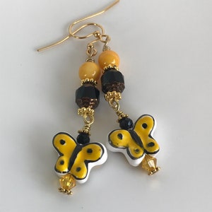 Yellow butterfly earrings, yellow and black earrings, butterfly dangle earrings, butterfly earrings, earrings for women, ladies earrings