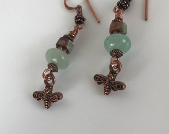 Bee earrings, bee dangle earrings, green dangle earrings, green bee earrings, copper and green earrings, earrings for women, gift for her