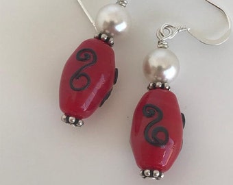 red dangle earrings, red and black earrings, red and white earrings, pearl earrings, rich red earrings, earrings for women, red earrings