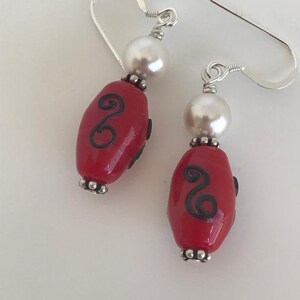 red dangle earrings, red and black earrings, red and white earrings, pearl earrings, rich red earrings, earrings for women, red earrings