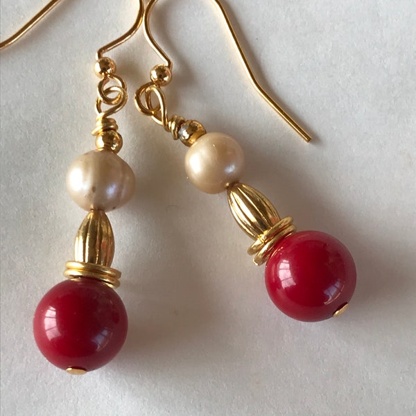 Red coral earrings, dangle earrings, pearl dangle earrings, coral dangle earrings, organic dangle earrings, red and white earrings