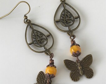 Butterfly earrings, butterfly dangle earrings,  yellow butterfly earrings, earrings for women, ladies earrings