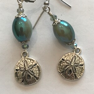 Sand dollar earrings, beach earrings, green earrings, seaside earrings, ocean green earrings, sand dollar dangle earrings, earrings for her