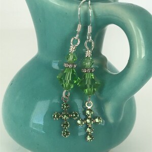 Cross earrings, green crystal cross earrings, crystal earrings, faith earrings, Christian earrings, religious earrings, Christian jewelry