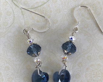 Sterling silver Swarovski crystal earrings, blue earrings, blue dangle earrings, heart dangle earrings, heart earrings, crystal earrings