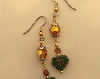 Gold and green earrings, fall earrings, leaf earrings, autumn earrings, Thanksgiving earrings, Fall hostess earrings, harvest earrings, gift