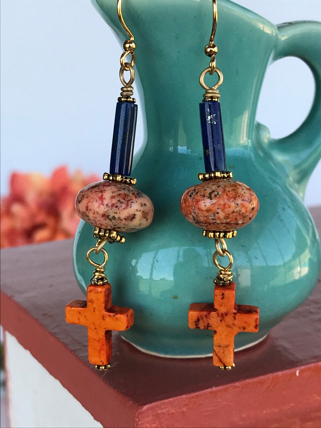 Cross Earrings, Dangle Earrings, Dangle Cross Earrings, Orange and Blue Earrings, Long Dangle