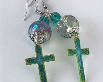 cross earrings, cross dangle earrings, crystal earrings, sparkly earrings, blue earrings, blue cross earrings, Christian earrings, gift