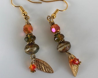 Leaf earrings, leaf dangle earrings, gold leaf earrings, autumn earrings, fall earrings, orange earrings,