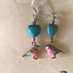 Bird Earrings, heart earrings, enameled earrings, enameled bird earrings, pink earrings, teal earrings, bird lover earrings, gift for her