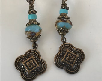 Bronze Quatrefoil Turquoise Earrings: Rustic Dangle Earrings
